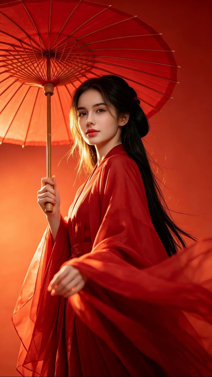 超写实摄影，灵感源自中国古典奇幻时尚。一位美丽的年轻女子，面容青春柔美，长发飘逸如瀑，身着鲜艳的绯红色传统汉服，宽袖轻盈飘逸，优雅的衣料在风中舒展摇曳。她手持一把红色油纸伞，增添…