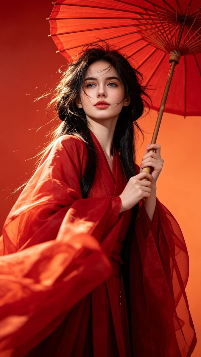 超写实摄影，灵感源自中国古典奇幻时尚。一位美丽的年轻女子，面容青春柔美，长发飘逸如瀑，身着鲜艳的绯红色传统汉服，宽袖轻盈飘逸，优雅的衣料在风中舒展摇曳。她手持一把红色油纸伞，增添…