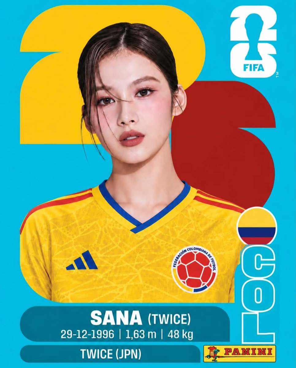 制作一张高端的 Panini（帕尼尼）2026 年 FIFA 世界杯收藏贴纸卡，主题为一位 K-pop 偶像化身职业足球运动员。竖版 2:3 比例。明亮的青色背景，主体身后有巨大…