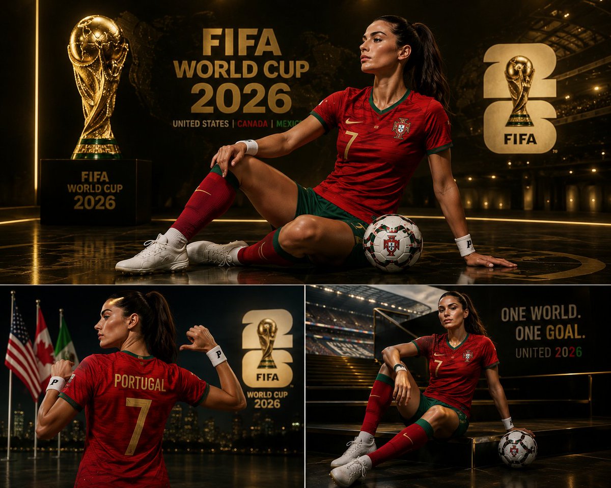 创建一张高级感十足的 3 面板 FIFA 2026 世界杯灵感体育海报拼图，画面中是一位自信的女性足球支持者，身穿葡萄牙国家队官方球衣和完整的红绿配色足球装备…