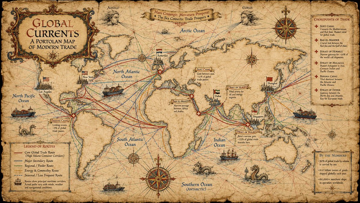 中世纪海港图（portolan chart）风格的信息图海报，16:9 横版，展示当今全球主要海上贸易航线，设计成仿佛一幅绘制在陈旧羊皮纸上的真实14世纪海港…