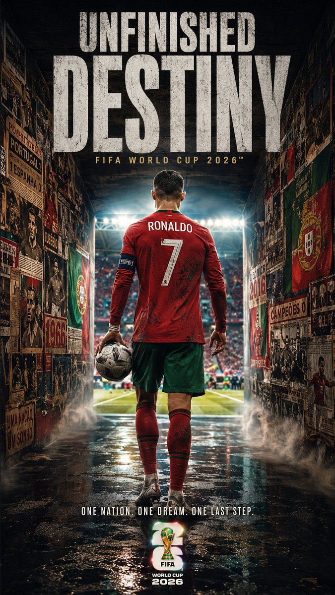 超现实主义电影感体育海报，官方 FIFA 世界杯 2026 氛围，顶级电影级摄影质感，竖向构图 (9:16)。 一位来自 [COUNTRY] 的现役明星球员背对镜头站立在一条黑暗…