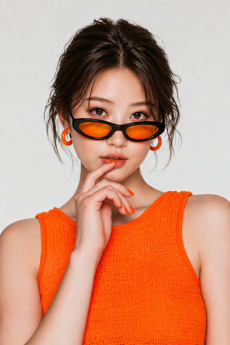 超写实高端时尚美妆人像摄影，年轻东亚女性，居中构图，自信优雅地直视镜头。柔和无瑕的瓷白肌肤，温暖的大棕色眼睛，精致淡妆配以细腻眼线，柔和蜜桃色腮红，光泽裸橙色…