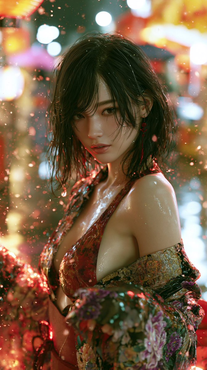 一张超写实的智能手机照片。一位二十出头的日本女性。她拥有丝滑的黑发,散发着神秘的气质。她穿着一件略带精致图案的和服,非常适合夏日祭典。她的肌肤美丽、通透、洁白无瑕。背景描绘了夏日…