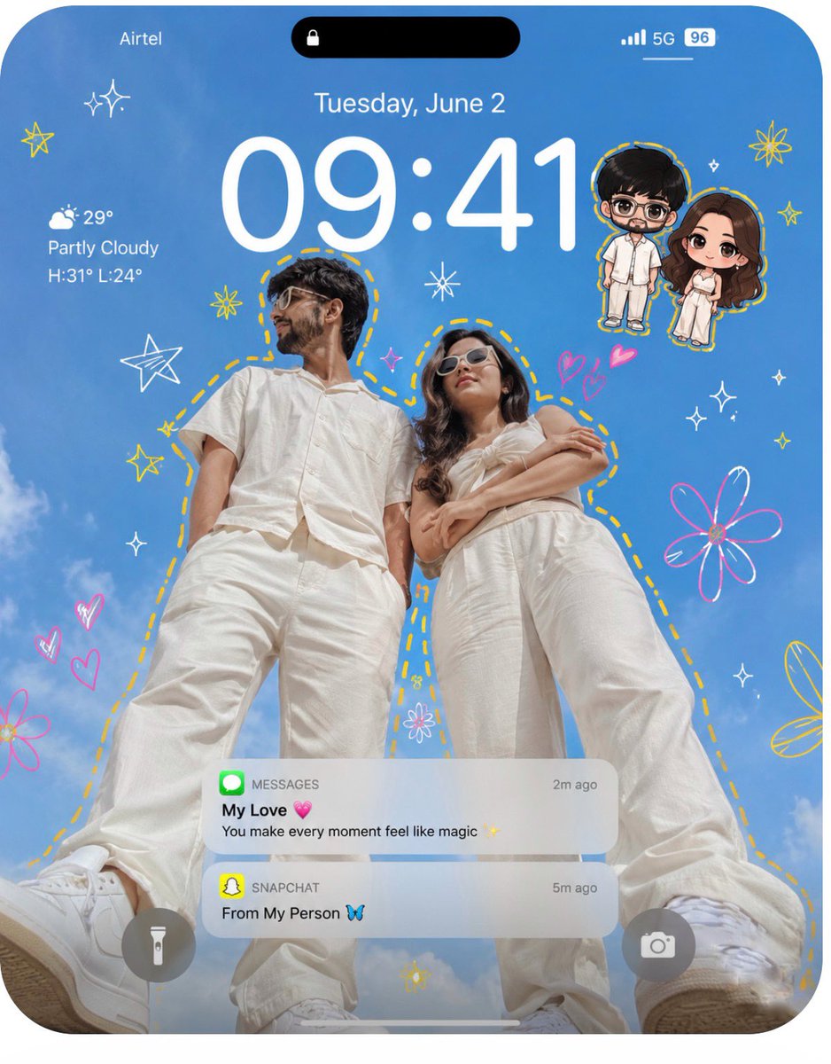 创建一个超逼真的 iPhone 锁屏壁纸。 将这对情侣打造为走在潮流前沿的主角，采用极致低角度仰拍视角，仿佛相机放置在地面向上仰望拍摄。保持完全相同的面孔和面…