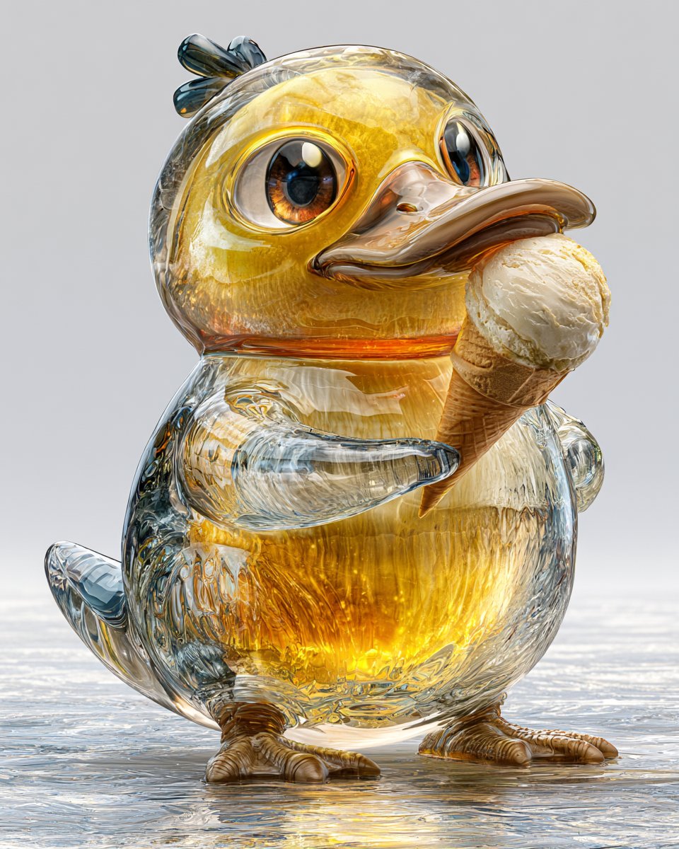 宝可梦主角团体中的可达鸭（Psyduck）正在吃一个香草冰淇淋甜筒，全身可见，站立于洁净的摄影棚场景中，由完全透明的玻璃状果冻材质制成，水晶般清澈的亚克力质感，半透明的黄色身体带…
