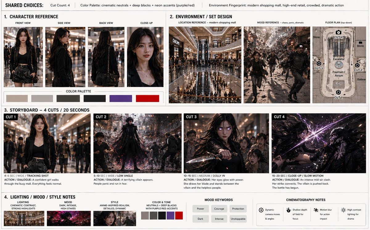 电影分镜画面:一位25岁左右的年轻东亚女性站在繁忙的现代购物中心中,姿态自信,穿着时尚。第二格:一位身穿戏剧性黑色服装的高大黑暗动漫风格反派出现,周围的人群惊慌奔跑尖叫。第三格…