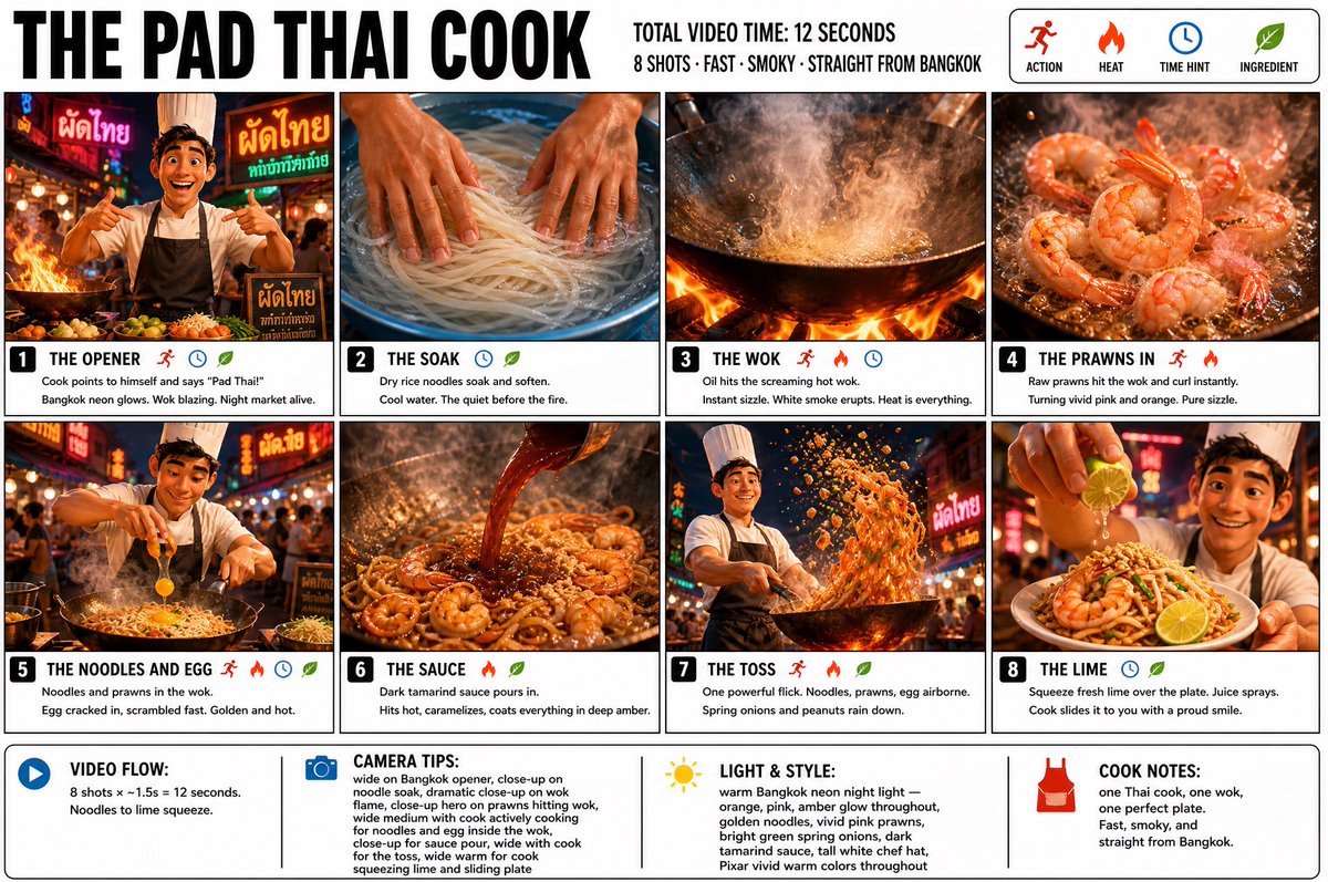 “为《THE PAD THAI COOK（泰式炒河粉厨师）》制作一份清晰、简洁的信息图式故事板海报。宽幅 16:9 布局，白色背景，黑色边框，粗体黑色字体，顶…
