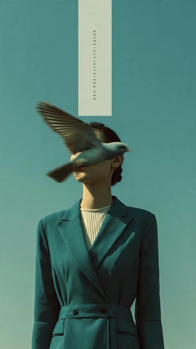 时尚大片拍摄，一位身穿结构感深青色西装外套的女子站在淡蓝色开阔的天空下。一只鸟以重度动态模糊掠过她的脸庞，以纯粹的超现实主义形式遮住她的五官。粗颗粒胶片质感，柔和的电影光效，极简…