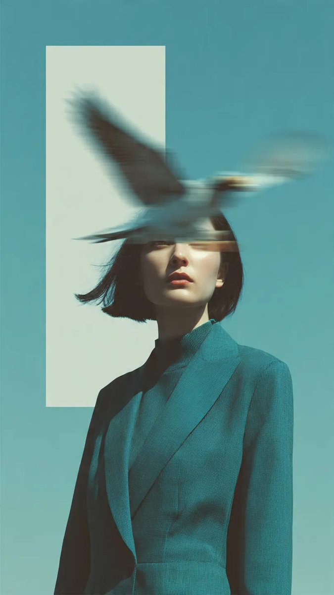 时尚大片拍摄，一位身穿结构感深青色西装外套的女子站在淡蓝色开阔的天空下。一只鸟以重度动态模糊掠过她的脸庞，以纯粹的超现实主义形式遮住她的五官。粗颗粒胶片质感，柔和的电影光效，极简…