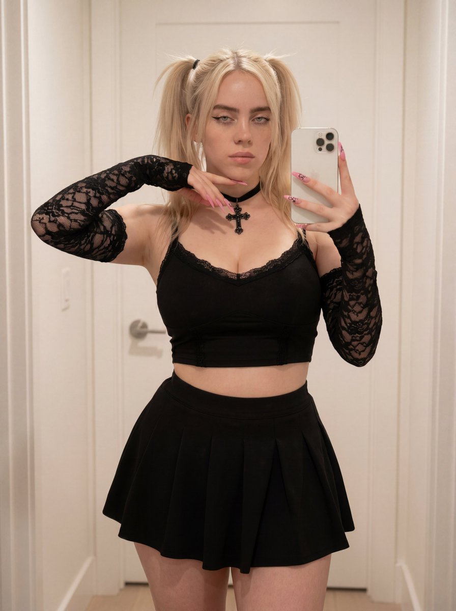 { "type": "mirror_selfie", "description": { "subject": { "identity": "young woman, 100% i…