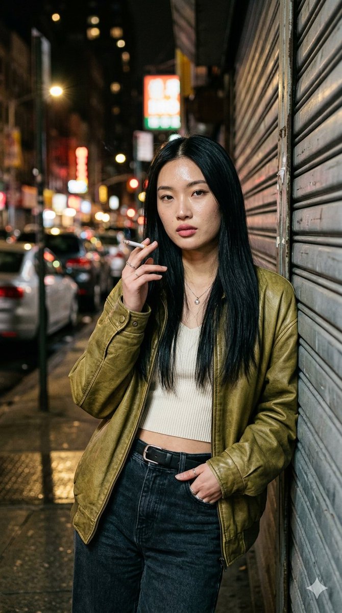 RAW 风格真实感夜间街头人像照：一位美丽年轻女性，长直顺滑黑色头发（中分），皮肤自带自然光泽，可见毛孔与细微瑕疵，柔和干净的抖音风 Glam 妆容，表情平静…