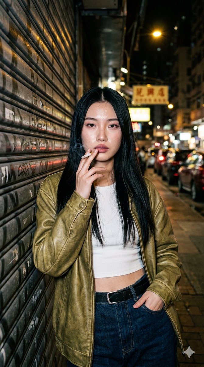 RAW 风格真实感夜间街头人像照:一位美丽年轻女性,长直顺滑黑色头发(中分),皮肤自带自然光泽,可见毛孔与细微瑕疵,柔和干净的抖音风 Glam 妆容,表情平静略带压迫感,直视镜头…