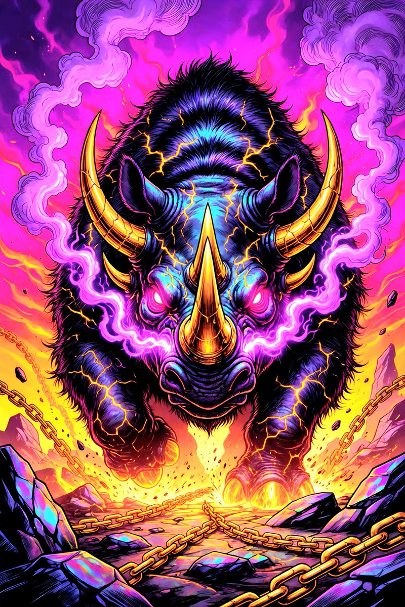 🌈奇艺叛客独家🦏 狂野星期五荒原犀牛提示词分享!✌️😝 PROMPT Vibrant glossy hand-drawn comic book illustration styl…