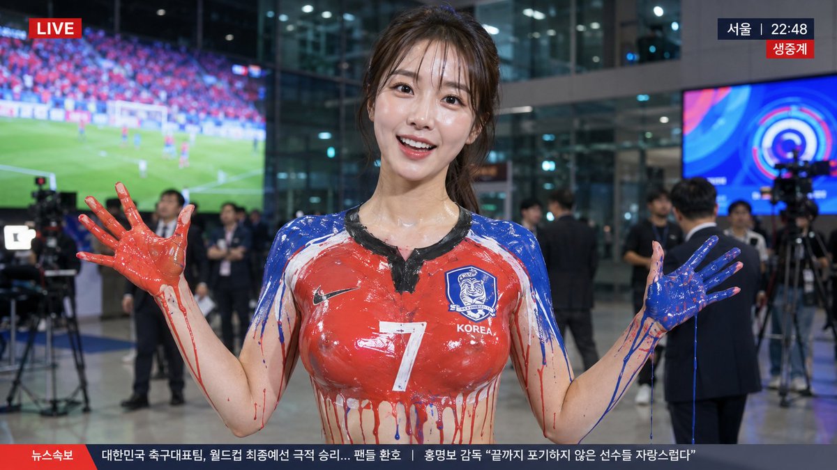 韩国美女采访瞬间。 GPT image 2 提示词 👇 创建一个真实的韩国电视新闻直播截图,16:9 横屏画面。 一位二十多岁的成年韩国女性,美丽上镜,肤色白皙,柔和的鹅蛋脸,明…