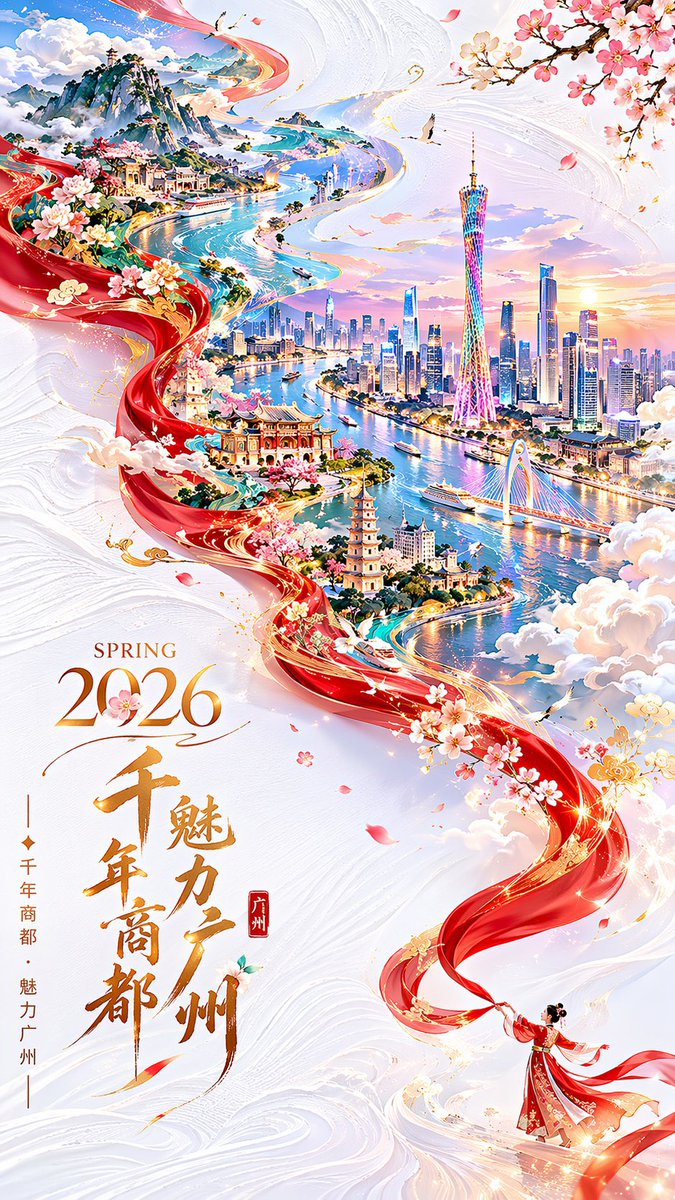 https://t.co/hDJpy8uyc2 提示词： 广州2026年春节竖版9:16城市宣传海报——喜庆而不失雅致。 双重曝光，S形曲线流畅构图。纯白色带有肌理的背景右下角…