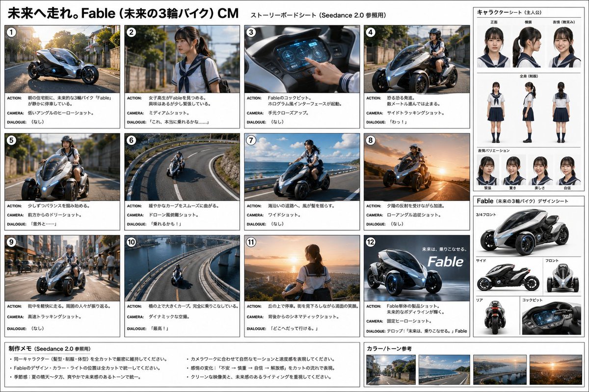 参考:@Image1(分镜表)—— 全片锁定人物与车辆设计。 人物(严格保持):16-17岁高中女生,黑色低马尾,日式海军制服(白色衬衫、藏青色领、藏青色百褶裙、白色松口袜)。头…