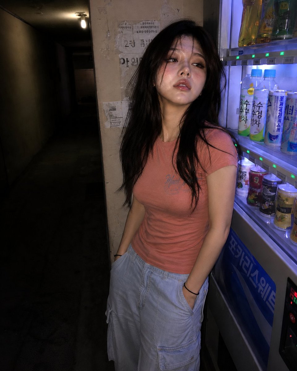 一张超写实的 4K 抓拍照,照片中是一位年轻东亚女性,夜晚站在昏暗走廊里一台发出轻柔嗡鸣的自动售货机旁。苍白的皮肤反射着直接打来的相机闪光灯,并混入自动售货机投出的微弱霓虹光。她…