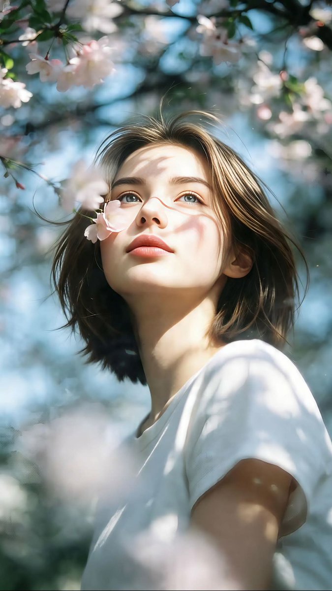 超现实电影感人像摄影。竖向 9:16 构图。仰视镜头,向上看向面部。主体站立于春日盛开的樱花树下。柔和的自然日光透过枝叶,在面部、颈部和白色 T 恤上投下美丽的斑驳光影。 短而略…