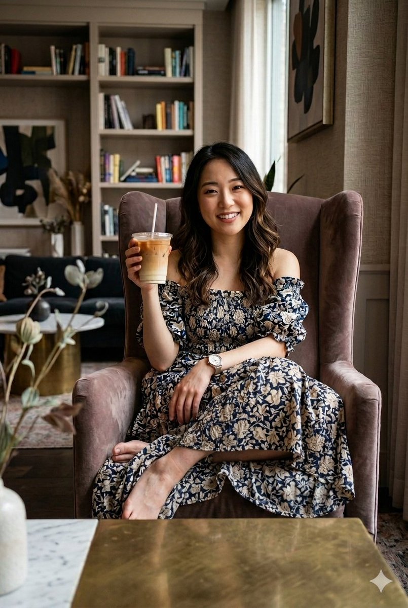 一张高质量、逼真的肖像：一位面带微笑的东亚女性，留着长长、波浪状的深棕色头发，舒适地坐在一张紫红色天鹅绒翼背扶手椅上。她身穿一件深蓝色露肩长款连衣裙，上面点缀…