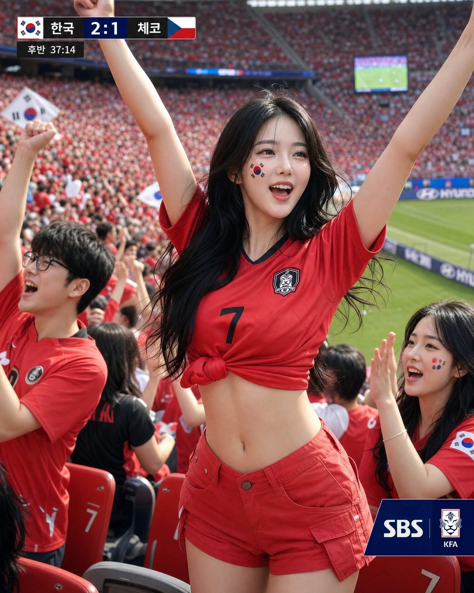 主体:一位年轻、美丽的韩国女性足球迷,坐在座无虚席的足球场看台上(位于画面中央)。 详细描述: 面部与头发:皮肤清透光滑,妆容自然,右脸颊上有逼真的韩国国旗彩绘。黑色长卷发。 服…