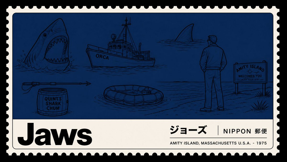 GPT 图像 2 提示 极简日本邮票电影海报，采用"Nano Banana 2" / Nippon Yūbin 展览系列风格。宽幅横版格式，置于纯黑背景之上。白色边框，带有真实的…