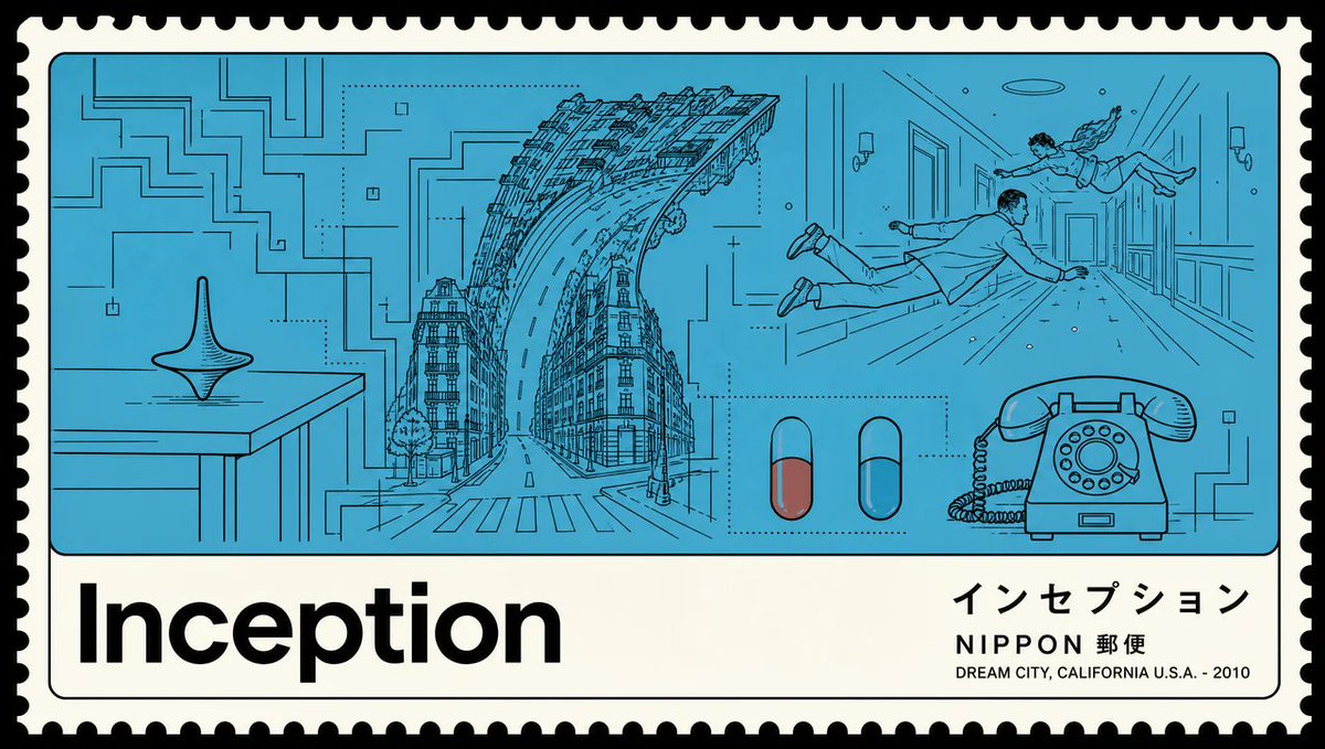 GPT 图像 2 提示 极简日本邮票电影海报，采用"Nano Banana 2" / Nippon Yūbin 展览系列风格。宽幅横版格式，置于纯黑背景之上。白色边框，带有真实的…