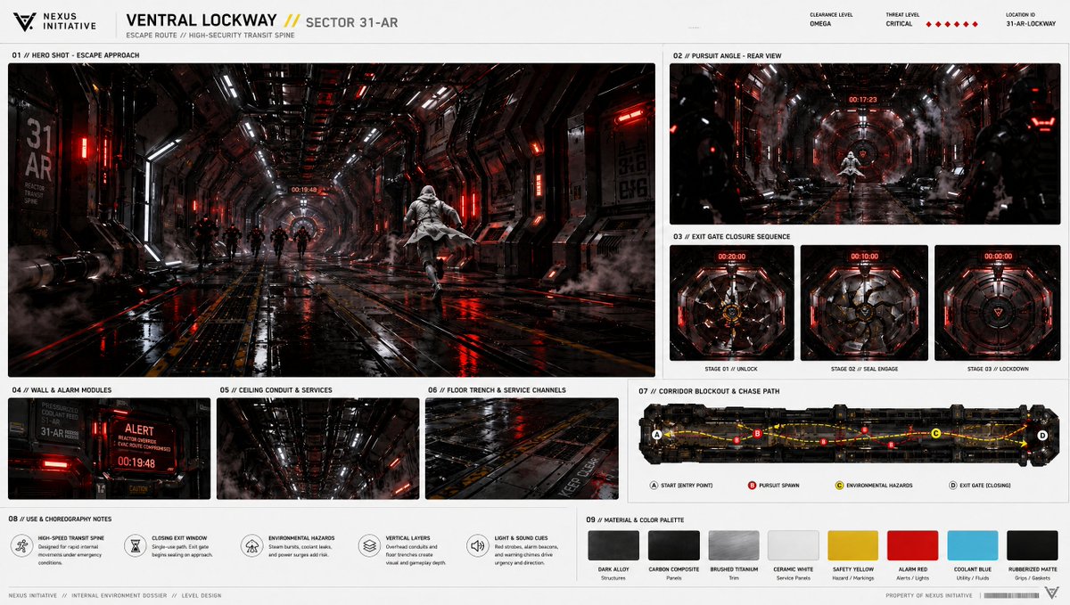 AETHER-9 // 腹侧锁定通道逃生 — 15秒 动作 分镜 变速播放(慢动作点缀) 氛围:绝望、致命、克制 — 一个如利刃般干净利落的男人,在不断闭合的倒计时中切开混乱…