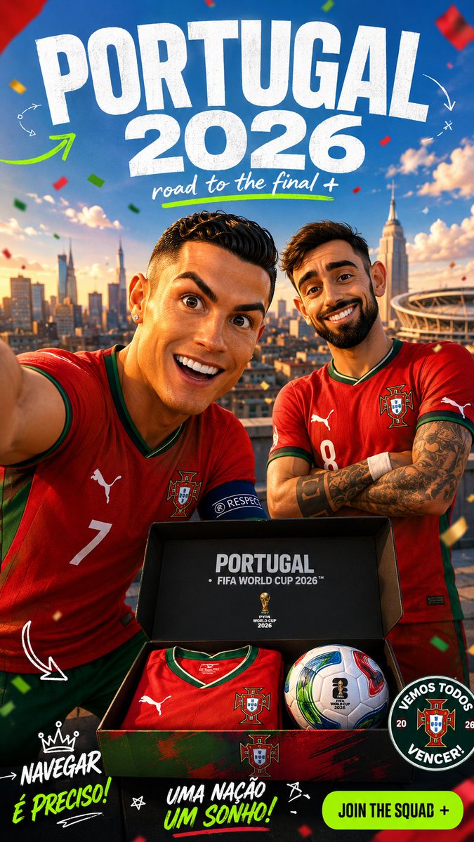 两个超光泽皮克斯风格的3D头像，代表[COUNTRY_NAME]参加2026年FIFA世界杯阵容中两位最大的现役球星。主球员以充满活力的表情向镜头倾斜，一只手…