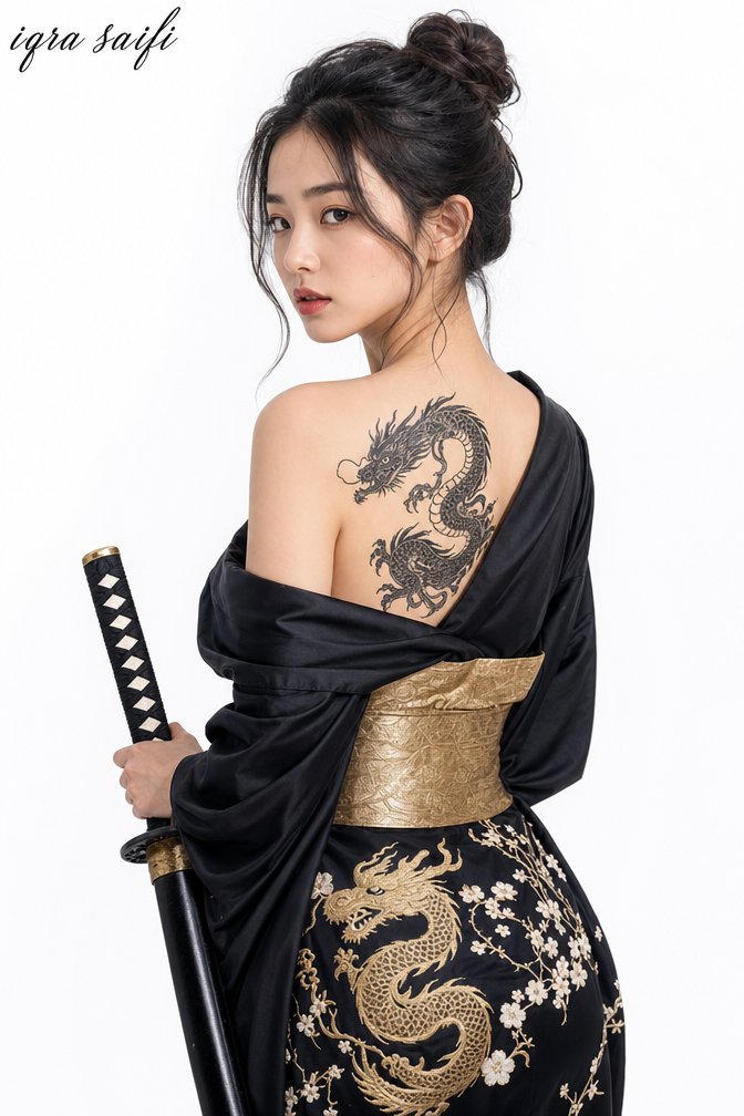 "subject": { "demographic": "年轻东亚女性", "expression": "平静、中性、略带强烈，直视观众", "pose": "躯干背对镜头，头部…