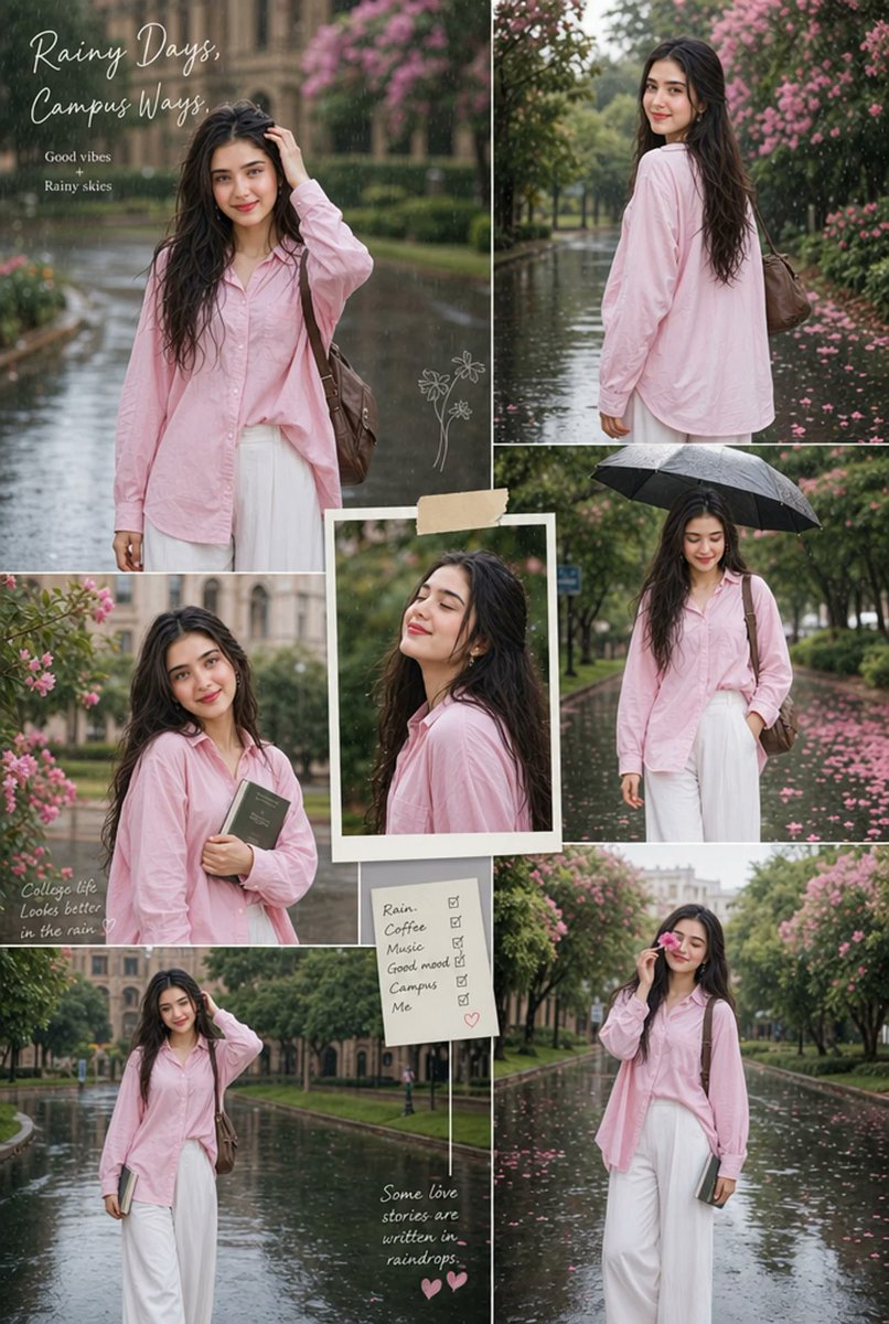 创作一张具有美感的雨季大学人像拼贴画，画面中一位时尚年轻女性身着粉色宽松衬衫与飘逸的白色阔腿长裤，在美丽的校园道路上享受轻柔的细雨。让她周围环绕着盛开的粉色花…