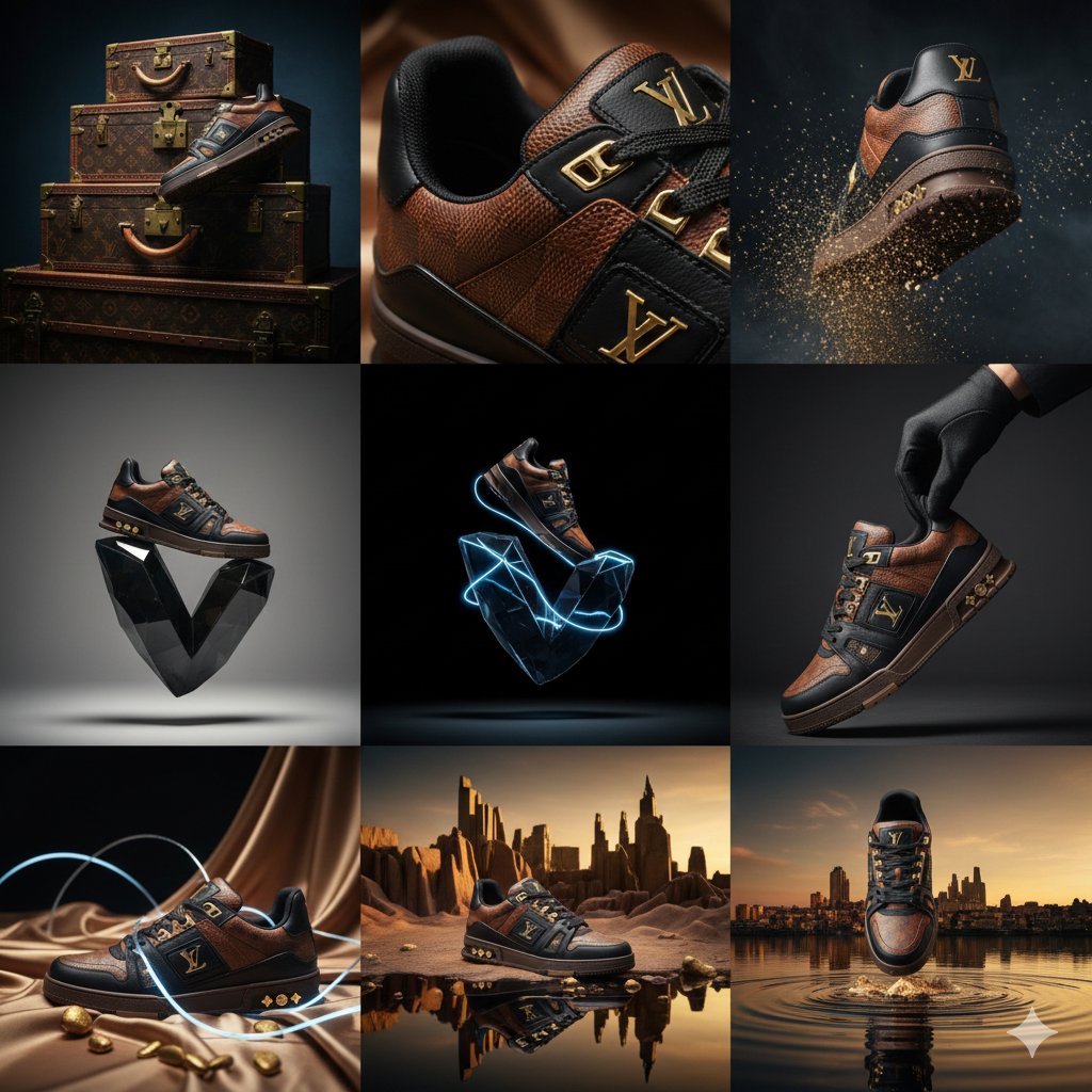 https://t.co/zXFhHBPTNJ Louis Vuitton 奢侈皮革运动鞋广告大片。高时尚编辑风格，前卫美学。宽高比 3:4。 材质:全粒面小牛皮,Monogra…