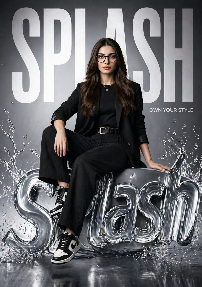 超写实的时尚大片海报,品牌为 "SPLASH"。一位女孩(与参考照片完全一致,保持同一张脸)自信地坐在一个闪闪发光的、宛如水般的 3D SPLASH 标志上,周围环绕着动态的水花…