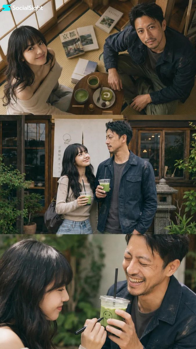 超写实日本生活方式时尚编辑摄影,年轻的亚洲情侣穿着相配的彩色抽象针织毛衣,在城市街道上进行抓拍俏皮的互动,梦幻浪漫的友情氛围,自然的化学反应,柔和的微笑,随意的姿势,时尚的透明染…