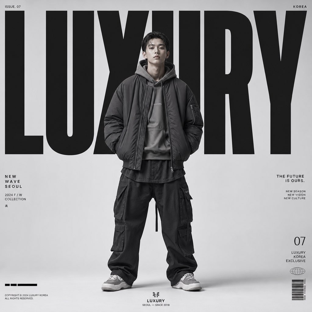 为 "LUXURY " 创作一张高端时尚编辑风格海报,采用奢华韩国街头服饰杂志风格。极简未来主义美学,超大号粗体字体主导背景。全身男性时装模特居中对称,面部表情中性,双手插袋,站…