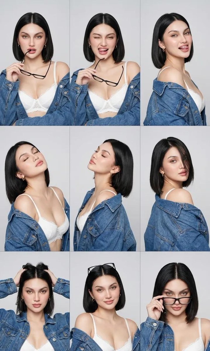 由 nano banana 2 创建 ✨prompt 超写实的 3x3 美妆对比联系表(contact sheet),同一魅力女性呈现九种不同姿态与表情,以干净的方形网格排列,每…
