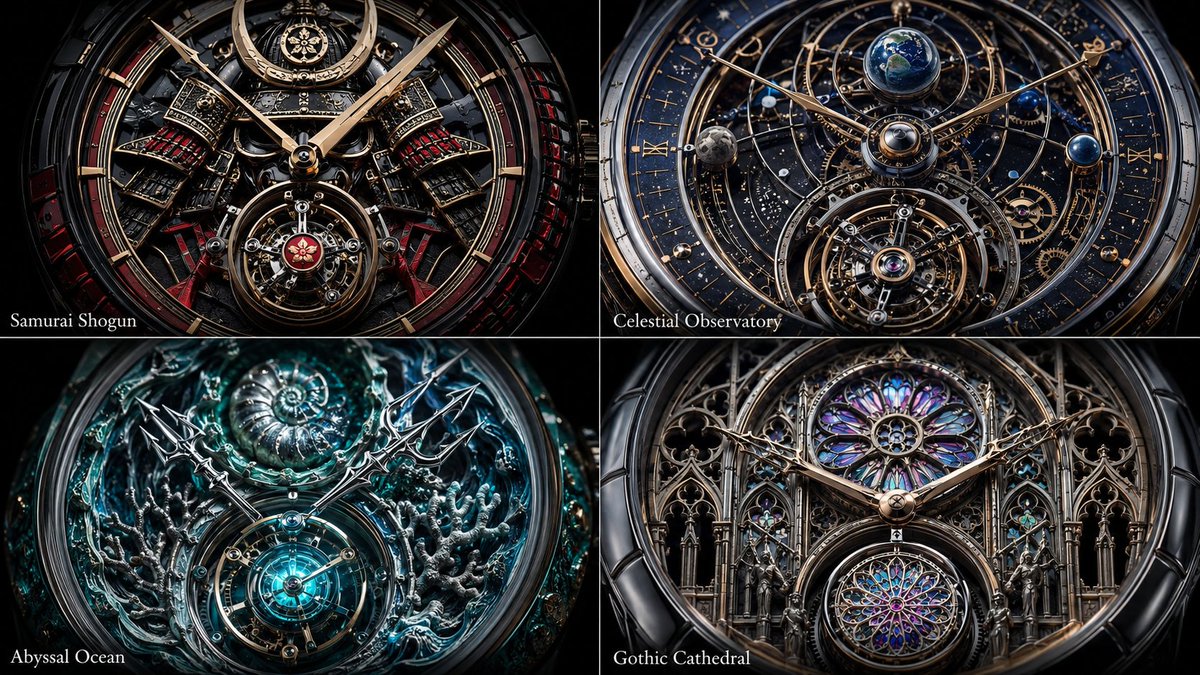 2x2 网格,为此制作 4 个令人惊艳的主题,16:9 [luxury_watch_cad_system] base_chassis: "hyper-luxury skeleto…