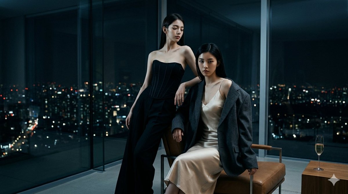 一幅宽幅电影感时尚大片，呈现两位虚构的东亚成年女性，年龄22–28岁，拥有纤细修长的超模比例，五官大胆、高度表现力且经过精心雕琢。第一位主体略微靠前，坐在躺椅…