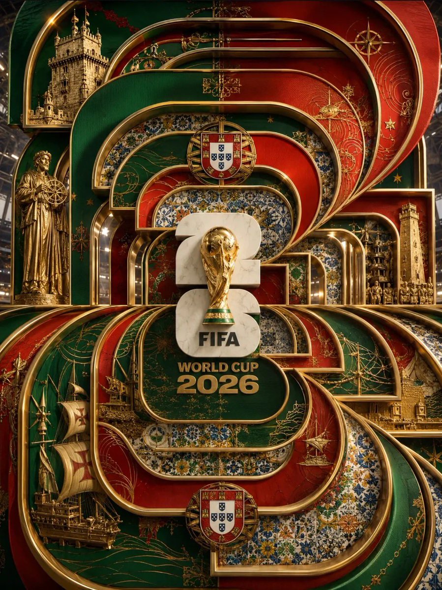超豪华 2026 年 FIFA 世界杯海报,宏伟的分层装饰艺术建筑,由互锁的曲面面板和几何框架构成,居中放置 FIFA 世界杯奖杯,矗立于一座大型雕刻的“26”之上,采用高级蓝白…