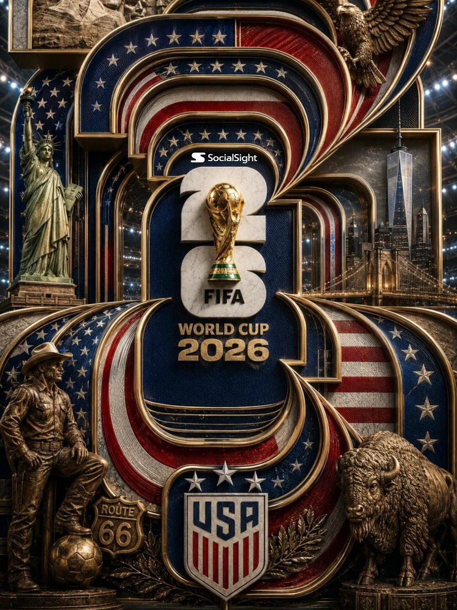 超精细豪华3D海报,主题为2026年美国FIFA世界杯。巨型分层"2026"字体主导整个构图,由相互咬合的金属框架构成,具有深邃的立体层次感。红、白、蓝三色美…