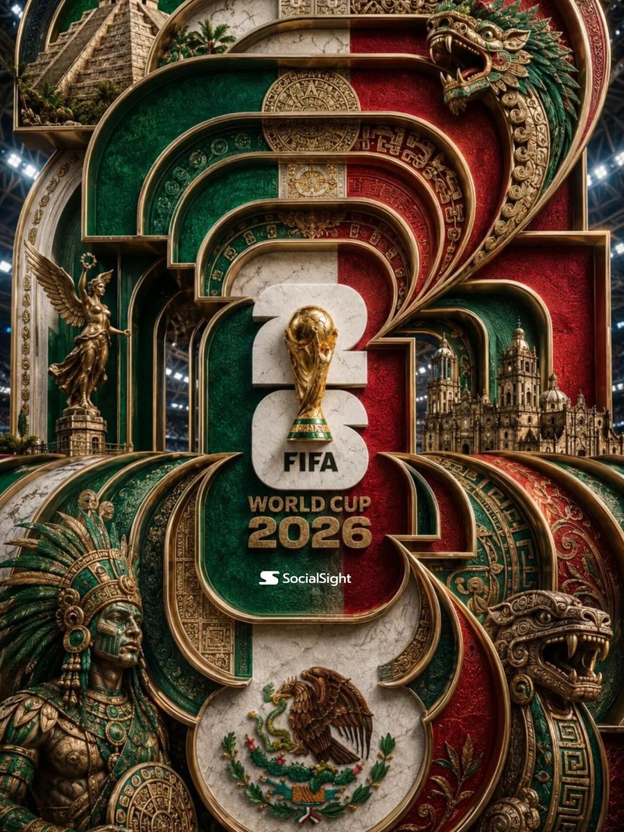 超精细豪华3D海报,主题为2026年美国FIFA世界杯。巨型分层"2026"字体主导整个构图,由相互咬合的金属框架构成,具有深邃的立体层次感。红、白、蓝三色美国国旗图案以雕花珐琅…