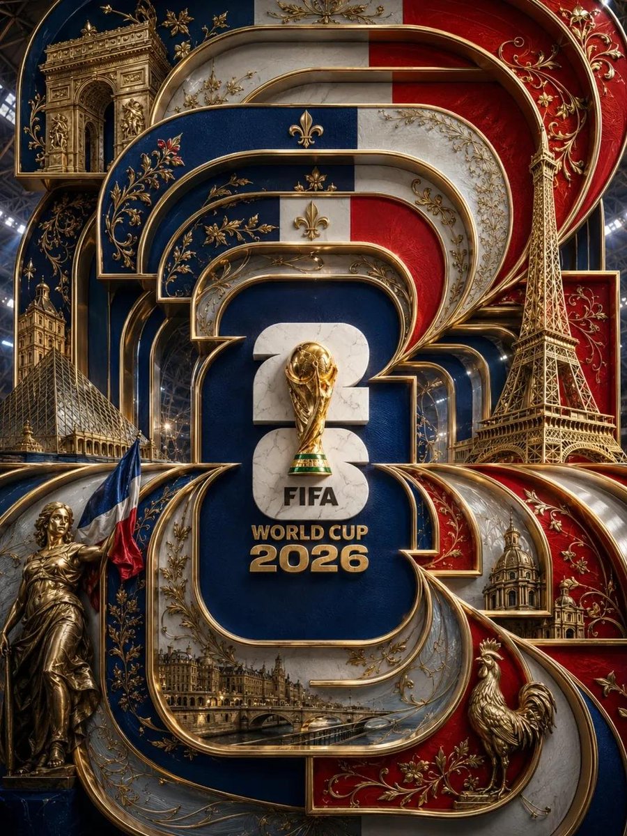 极致细节的奢华 3D FIFA 2026 世界杯法国海报。巨大的分层“2026”字体主导整个构图,由相互交织的金属丝带和雕刻般的建筑框架构成。数字装饰采用法国三色配色(深蓝、白与…