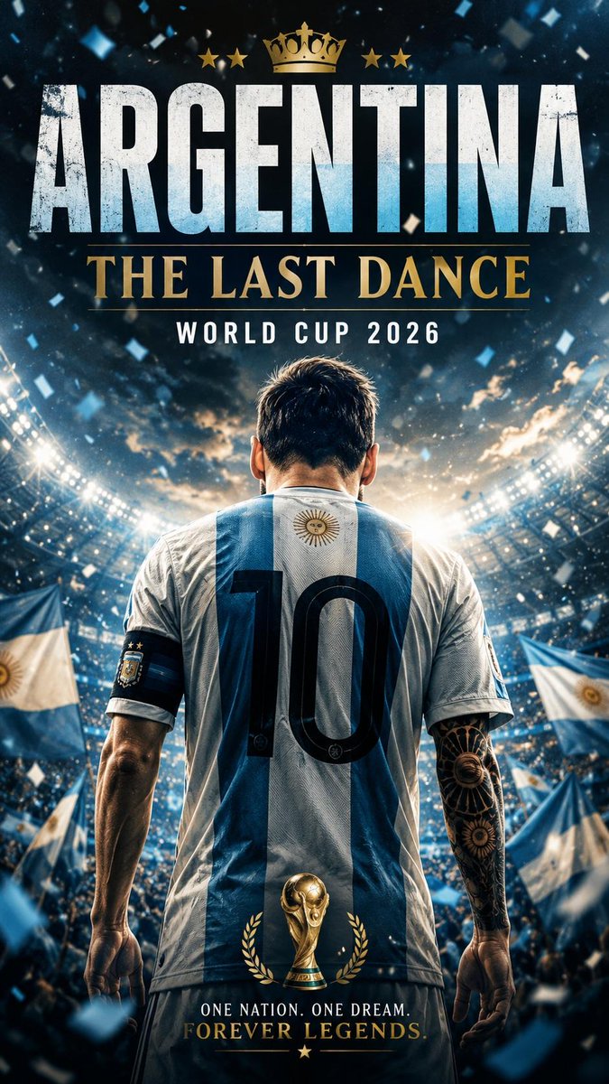 史诗级 2026 国际足联世界杯 电影海报，传奇足球偶像的背影，独自走向一座巨大灯光球场中央，身穿印有标志性号码的国家队球衣，数千名热情球迷挥舞着国旗，烟花绽放，彩纸纷飞，戏剧化…
