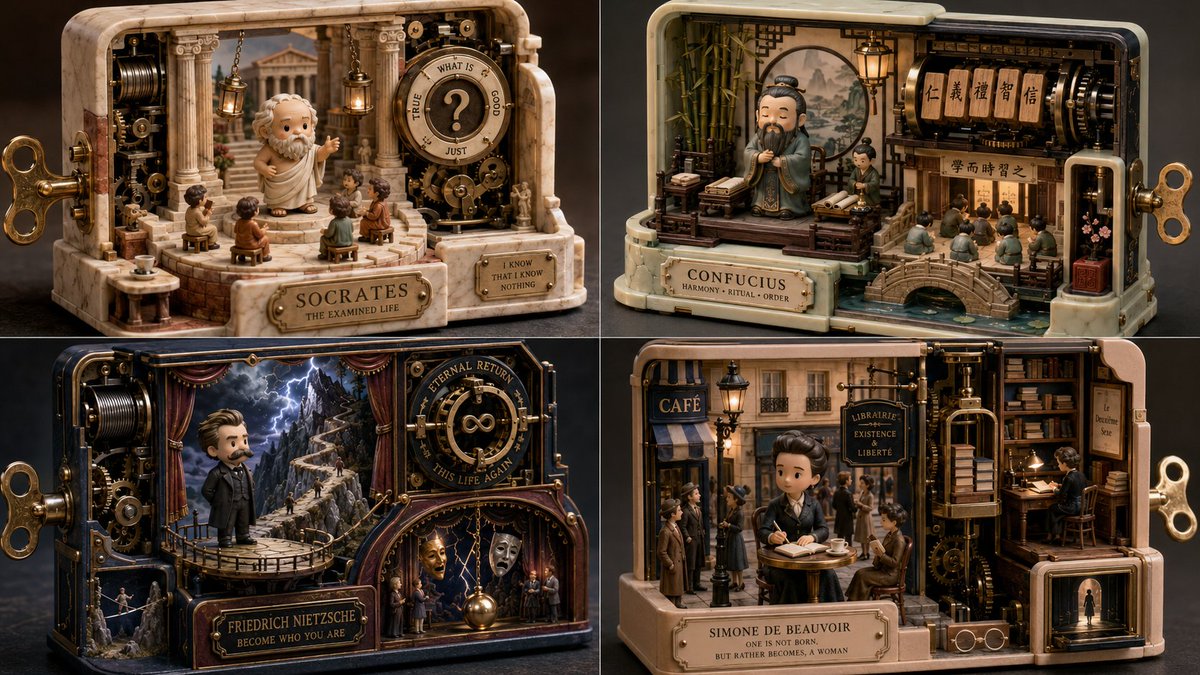 创建一个迷人但极致精致的场景，围绕 [wind-up toy / mechanical miniature world]（发条玩具 / 机械微缩世界）展开，其中一个自成一体的微小…