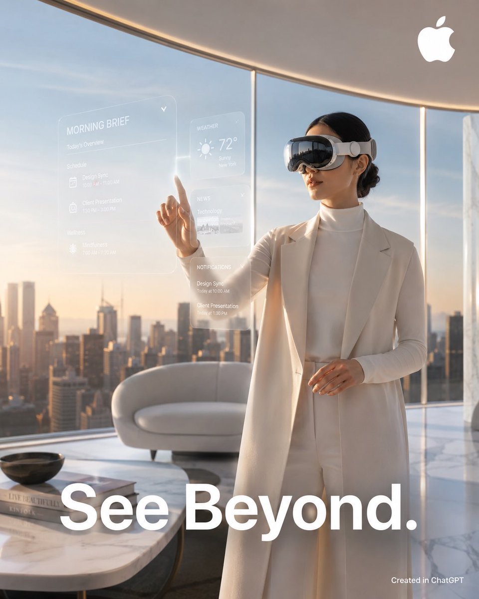 为 Apple Vision Pro 打造的极致写实奢华商业广告,呈现超高端未来感生活方式美学。一位精致时尚的专业人士佩戴着 Apple Vision Pro…