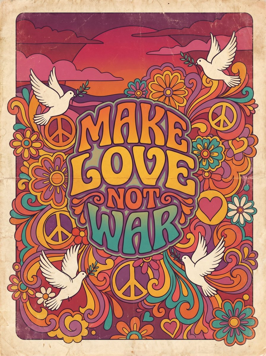 创作一幅1960至1970年代的复古花之力（flower power）海报，主体标语为“MAKE LOVE NOT WAR”（要爱不要战争）。采用迷幻嬉皮士美…