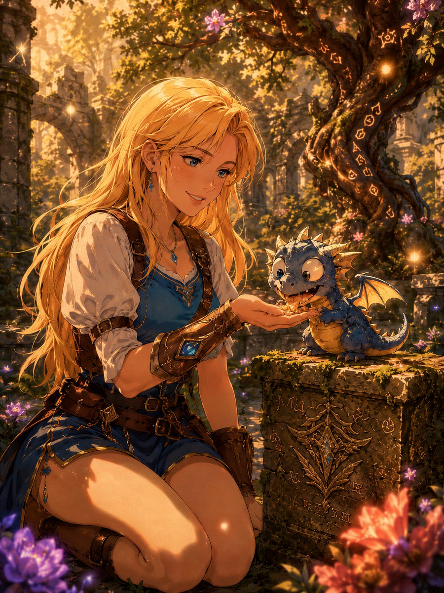 { "high_level_description": "一个温柔的奇幻场景，主角是M4rgaux_00，一位金色长发的女性，采用复古动漫风格，跪坐在一座被施…