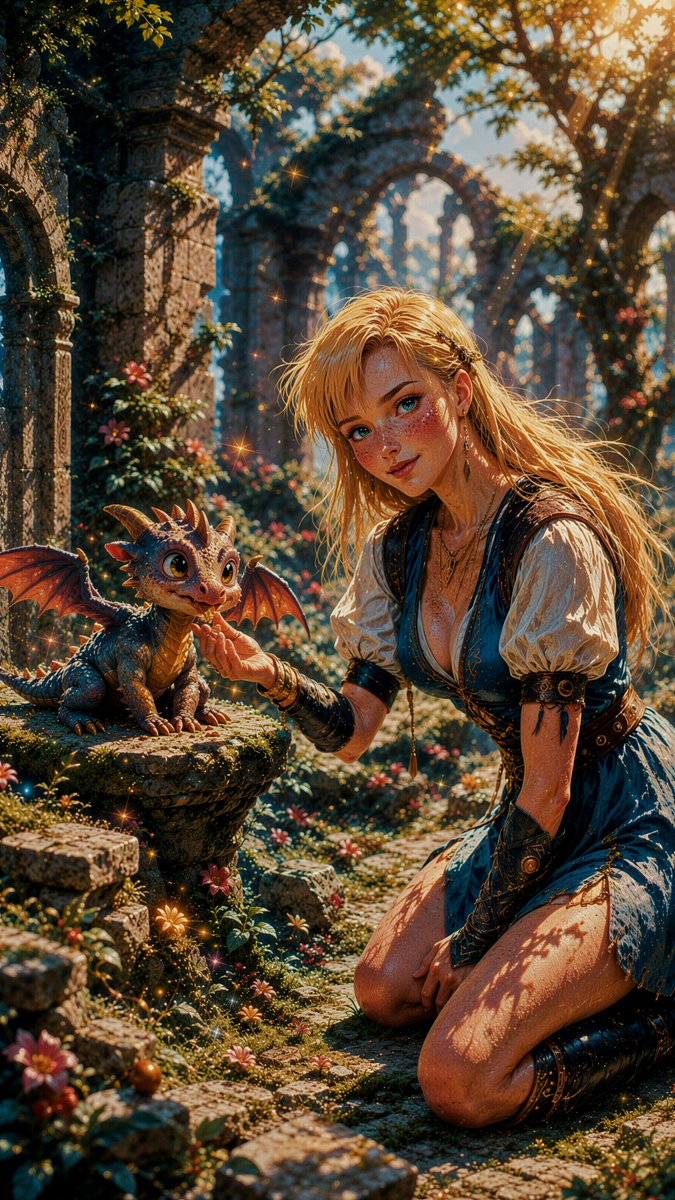 { "high_level_description": "一个温柔的奇幻场景，主角是M4rgaux_00，一位金色长发的女性，采用复古动漫风格，跪坐在一座被施了魔法的废墟花园中…