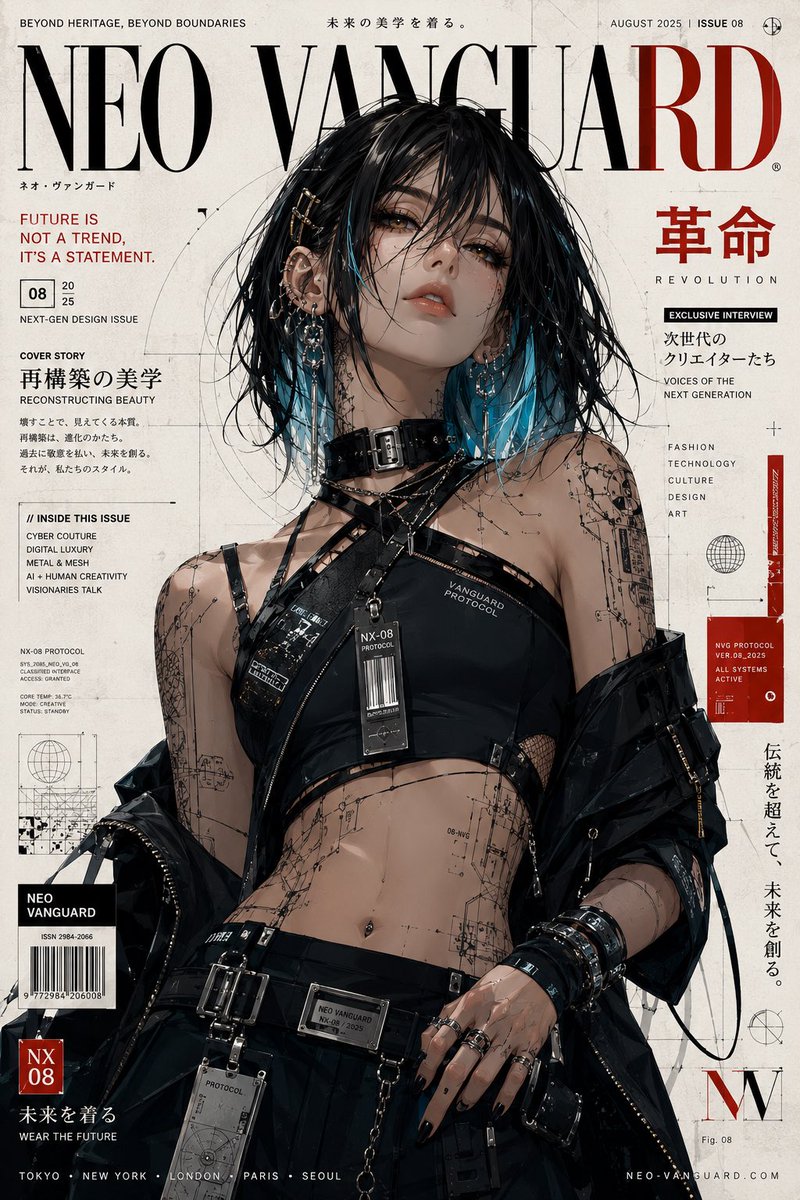 超精细奢华动漫时尚封面插画,描绘一位走在未来潮流前沿的年轻女性,肩长乌黑发丝带有电光青色底光,飘逸的修饰脸型的发丝,明亮的琥珀色眼眸,光滑瓷白肌理,细微光泽妆容,神态从容自信。她…