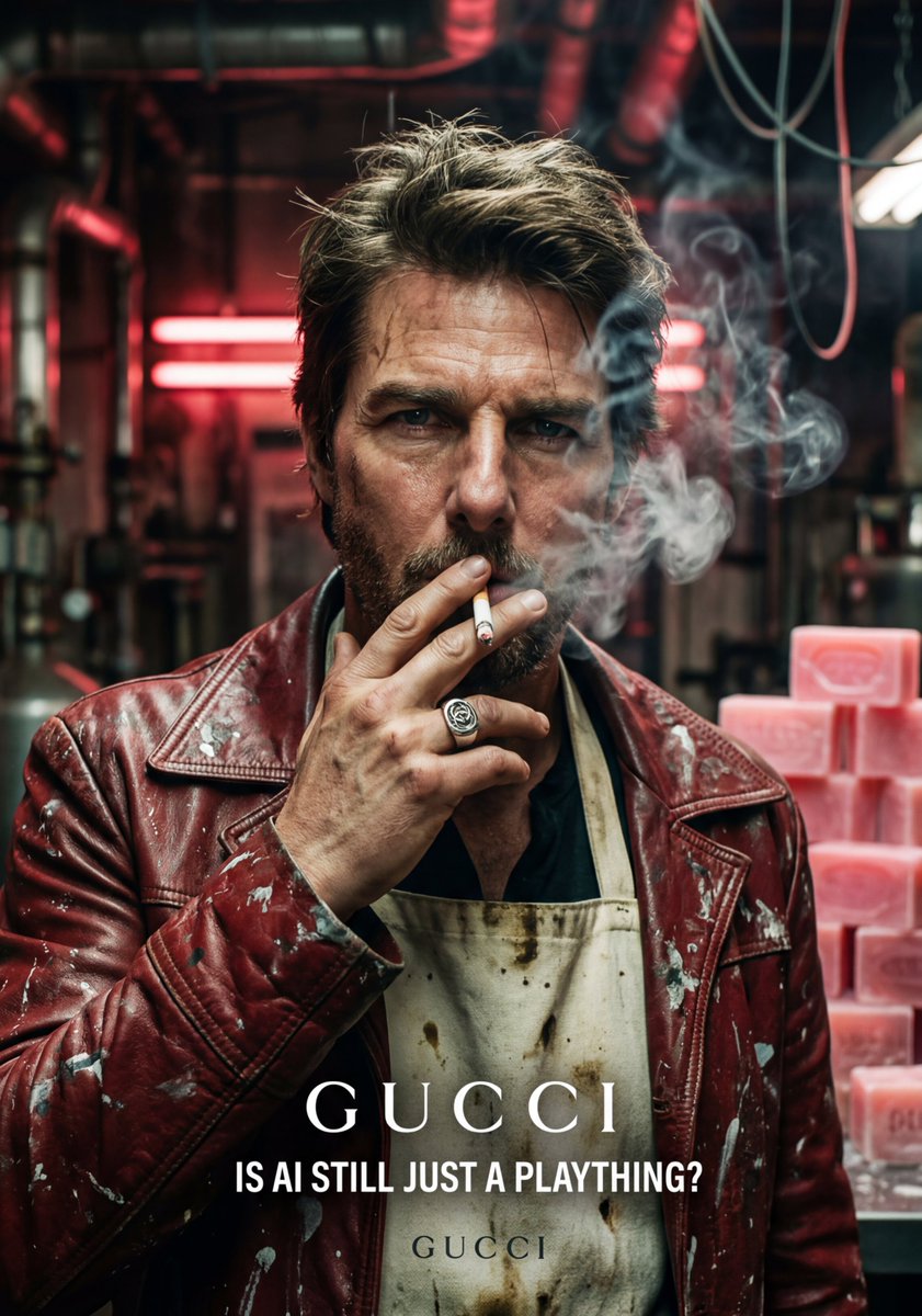 https://t.co/LkrxtTArhc 电影感特写肖像照，汤姆·克鲁斯（Tom Cruise），暗黑工业美学风格。他有着凌乱、蓬起的深金色头发和面部胡茬，表情强烈而疲惫…